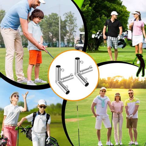 Collage with golfers and 10 Piece Three Quarter Inch Golf Frame Corner Kit With Threaded Eye Bolts for EMT Conduit DIY Canopy Frames