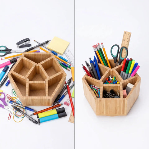 360 Degree Rotating Bamboo Desk Organizer With Hexagonal Compartments filled with pens, pencils, clips, and sticky notes