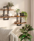 Heavy Duty Floating Wall Shelves 15 Inch 2 Tier Set 2 Rustic Brown Black with decor and plants in living room.