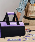 Purple Tool Bag With Wide Mouth Opening And 12 Storage Pockets, 13 Inch Tool Organizer, with tools and worker in the background.