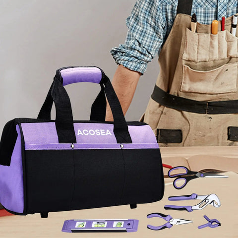 Purple Tool Bag With Wide Mouth Opening And 12 Storage Pockets, 13 Inch Tool Organizer, with tools and worker in the background.