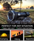 1500 Lumen USB Rechargeable Tactical Flashlight With 1000 Meter Beam For Hunting Camping And Search Missions Long Throw Rugged KW LED PMMA Lens For Beast Mode Bright Far Reach placed on a wooden post in outdoor setting.