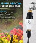 15 PSI pressure regulator attached to a garden faucet with garden hose connection and drip irrigation setup in a blooming garden.