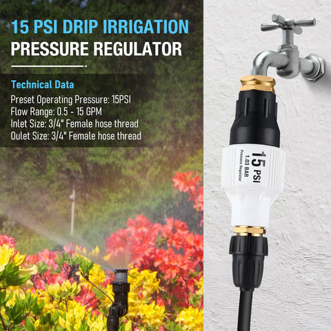15 PSI pressure regulator attached to a garden faucet with garden hose connection and drip irrigation setup in a blooming garden.
