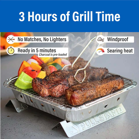 Disposable Portable Charcoal BBQ With Pull Start Ignition sizzling steaks and veggies, quick fire up, solid 3-hour burn