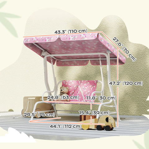 Two Seater Kids Patio Swing With Adjustable Canopy Safety Belt Unicorn Rainbow Pattern Hanging Bench For Garden And Backyard Pink Outdoor Porch Swing Chair For Fun Playtime, dimensions labeled