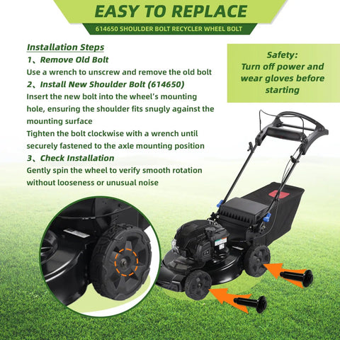 Installation guide for 614650 shoulder bolt on 22 inch personal pace mowers; shows bolt placement to fix wheel shakes.
