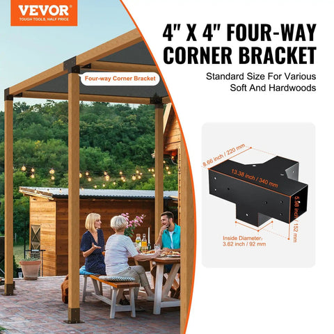 Four Way 4x4 Pergola Brackets Heavy Duty Tough As Nails Corner Brackets for Outdoor Gazebos with installation illustration.