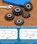 Five Eighths Inch Pitch Roller Chain Idler Sprocket With Seventeen Tooth Tensioner Type C Bore Seventeen Millimeter Double Bearing Black Oxide Finish 1045 Steel For ANSI 50 Chains Compatible With DIN ISO 10A Built Rugged And Easy To Install shown with wrench and installation guide on wooden background