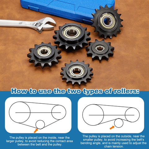 Beefy 50 Roller Chain Idler Sprocket Type C With Seventeen Millimeter Bore And Five Eighth Inch Pitch Seventeen Tooth Tensioner shown with tools and diagram.