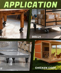 Built Bullet Proof Five Inch Solid Rubber Caster Wheels With Knockout Step On Brake Locks shown on workbench, dolly, cart, and chicken coop.