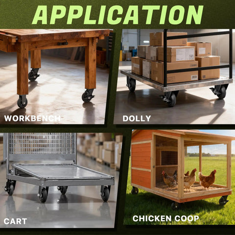 Built Bullet Proof Five Inch Solid Rubber Caster Wheels With Knockout Step On Brake Locks shown on workbench, dolly, cart, and chicken coop.