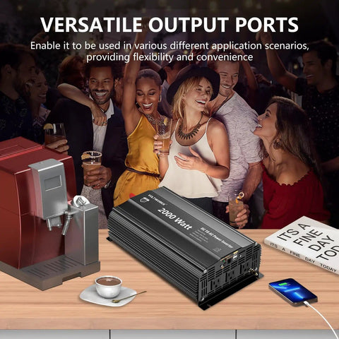 2000W 12V DC To 110V AC Power Inverter With Remote Control And 3 AC Outlets displayed on table at social event