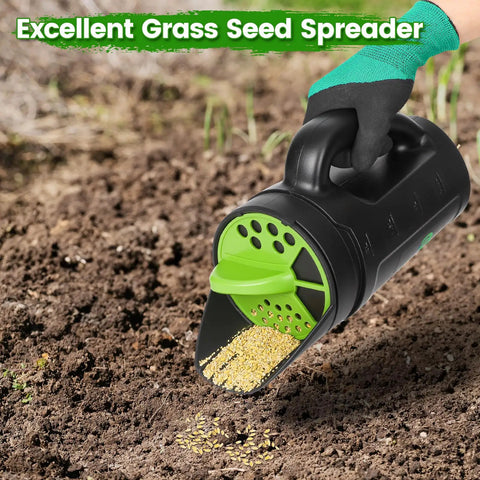 All Purpose Hand Spreader Shaker With Adjustable Opening Sizes And Flow Dial For Even Distribution Of Grass Seed Fertilizer Salt Ice Melt Up To 80 Oz Perfect For Lawn Care Gardening And Winter Driveway Maintenance in use