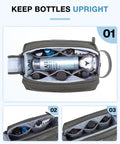 Top view of large travel toiletry organizer for men with water resistant PU leather trim, bottles upright in grey travel case compartments.