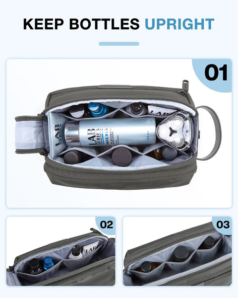 Top view of large travel toiletry organizer for men with water resistant PU leather trim, bottles upright in grey travel case compartments.