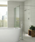 Bathroom with freestanding tub and freestanding tub filler kit with single riser floor mount bracket and water valve for joist installation.
