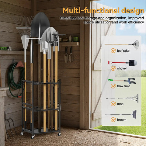 Beefy 35-Slot Steel Garden Tool Organizer with multi-functional design holding rakes and shovels in shed