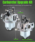 Two aluminum alloy carburetors with labeled throttle and nozzle, part of Carburetor Replacement Kit For Recycler 22 Inch Lawn Mower And Kohler Xt650 Xt675 Engines With 14 853 68S Carburetor And 14 083 15S Air Filter Tune Up Kit Ready To Roll.