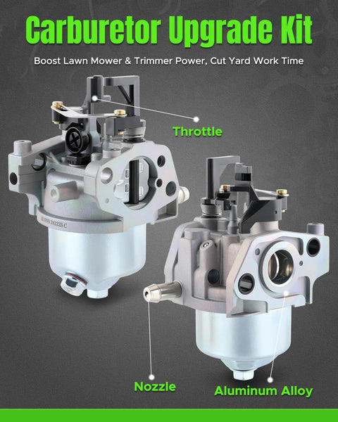 Two aluminum alloy carburetors with labeled throttle and nozzle, part of Carburetor Replacement Kit For Recycler 22 Inch Lawn Mower And Kohler Xt650 Xt675 Engines With 14 853 68S Carburetor And 14 083 15S Air Filter Tune Up Kit Ready To Roll.