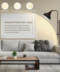 Industrial Floor Lamp Adjustable Rustic Farmhouse Reading Light In Aged Black Finish With Metal Shade beside grey sofa