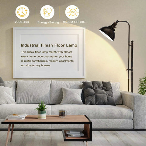 Industrial Floor Lamp Adjustable Rustic Farmhouse Reading Light In Aged Black Finish With Metal Shade beside grey sofa