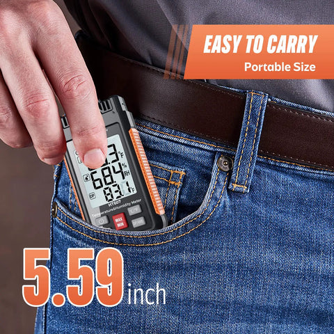 Temperature Humidity Meter High Precision Digital Hygrometer being placed in pocket, showcasing portable size of 5.59 inches.