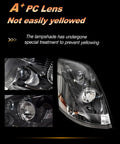 Volvo VNL Headlight Pair Set Black Housing Halogen Lamps For VN Series Trucks 2004 To 2018, close-up with A+ PC lens