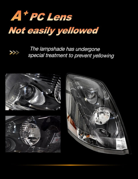 Volvo VNL Headlight Pair Set Black Housing Halogen Lamps For VN Series Trucks 2004 To 2018, close-up with A+ PC lens