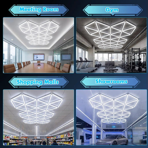 Hexagon Garage Lighting System Bundle For Full Coverage Pro Grade LED Ceiling Lights in meeting room, gym, malls, showrooms