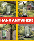 Vintage Aqua Mason Jar Hummingbird Feeder With Five Feeding Stations, 25 Ounce Glass Outdoor Backyard Bird Feeder hanging in various locations on a tree, post, and deck rail.