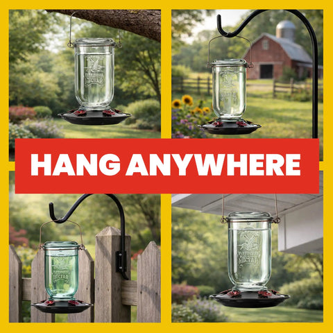 Vintage Aqua Mason Jar Hummingbird Feeder With Five Feeding Stations, 25 Ounce Glass Outdoor Backyard Bird Feeder hanging in various locations on a tree, post, and deck rail.
