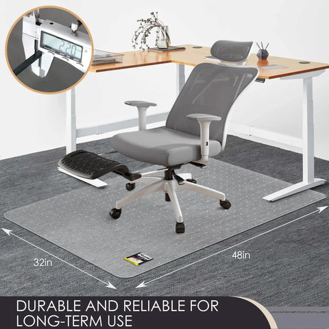 Clear 32x48 Office Chair Mat For Carpeted Floors under a desk with chair, heavy duty, no slip pad protects low pile carpets, easy glide