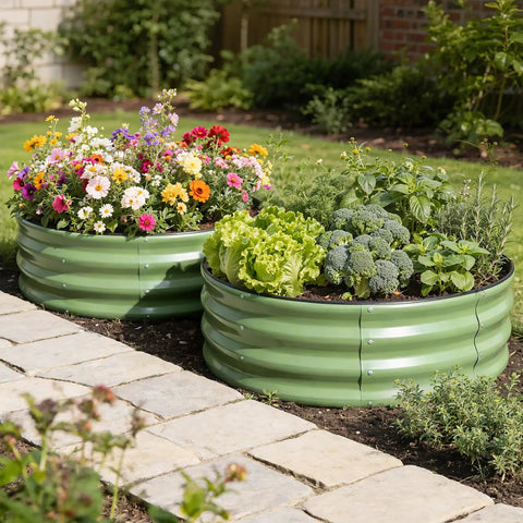 Olive Green Two Pack Galvanized Raised Garden Beds 4x4x1ft Round Design With Safety Rubber Strip Durable Metal Planters for Vegetables Herbs