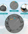 Wetsuit Changing Mat And Dry Bag For Surfing And Kayaking All In One 30 Inch Leakproof Gear Mat With Drawstring Dry Bag in use.