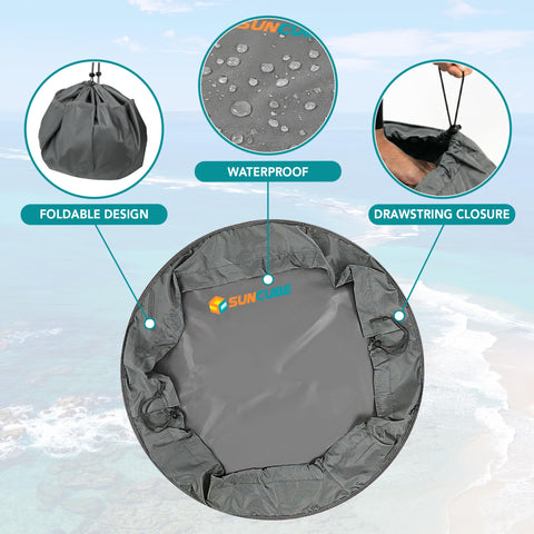 Wetsuit Changing Mat And Dry Bag For Surfing And Kayaking All In One 30 Inch Leakproof Gear Mat With Drawstring Dry Bag in use.