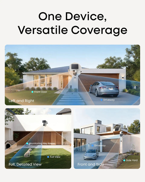 4K Solar Wireless Outdoor Security Camera With Triple Lens Bullet PTZ, 360 Coverage on modern home showing camera angles and zones