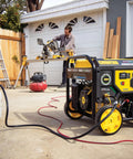 Beast 11500 Watt Dual Fuel Portable Generator With Electric Start For Home Backup Gas Or Propane CO Shield Auto Shutoff 459cc Engine next to propane tank