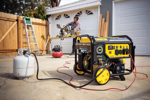 Beast 11500 Watt Dual Fuel Portable Generator With Electric Start For Home Backup Gas Or Propane CO Shield Auto Shutoff 459cc Engine next to propane tank