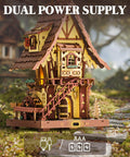 Front view of Cuckoo Clock 3D Wooden Puzzle Kit For Adults Mechanical DIY Clock Model Building Set, two-story wooden design
