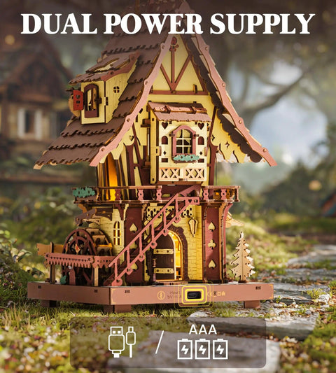 Front view of Cuckoo Clock 3D Wooden Puzzle Kit For Adults Mechanical DIY Clock Model Building Set, two-story wooden design