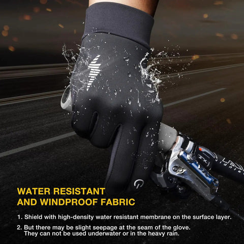 Close-up of Winter Warm Touchscreen Gloves for Men and Women, fleece lined, gripping a bicycle handle, showing water resistance.