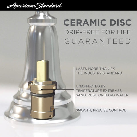 Close-up of American Standard faucet showcasing ceramic disc technology offering drip-free operation and durability