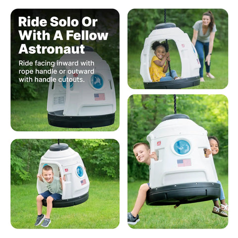 Children playing in Space Capsule Swing For Kids Indoor Outdoor Playhouse Two In One Backyard Playground Set Attaches To A Playset Or Tree Safe And Secure For Ages 3 To 8 Weather Resistant Rope Makes Park Quality Fun At Home