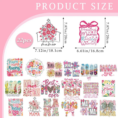 Mama Iron On Transfers For Christian Moms Floral Bow Pack with Christian themed designs, includes 22 pieces in various sizes.