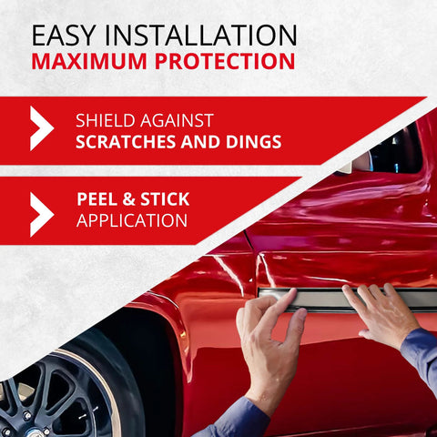 All-Fit chrome square-body side molding being installed on a red Chevy C10 pickup door