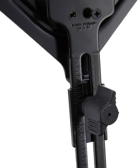Close-up of Edge Guide For Fixed Base Compact Router With All Steel Construction showing measurement marks and adjustment knob.