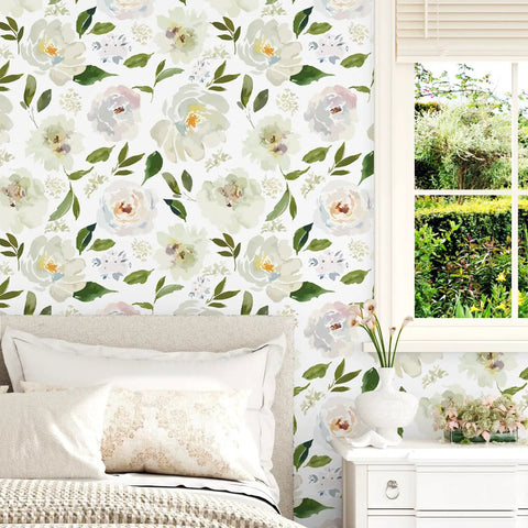 Swoon Worthy Green Floral Peel And Stick Wallpaper For Epic Boho Wall Upgrades With Chill Self Adhesive Botanics Serving Major Room Vibes And Super Easy Removable DIY Decor Rolls on bedroom wall with floral design.