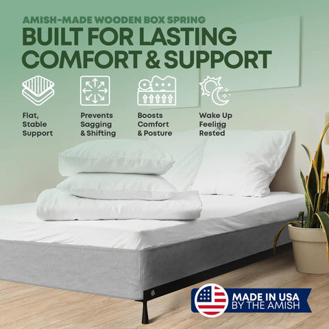 Eight Inch Queen Box Spring Solid Wood Mattress Foundation delivering quiet nights and heavy duty support Amish crafted in USA, flat packed.