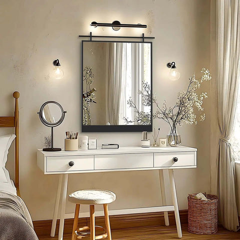 Dope Barn Door Vibe Farmhouse Mirror 28 By 20 Inches In Matte Black Metal Frame over a vanity in a decorated room